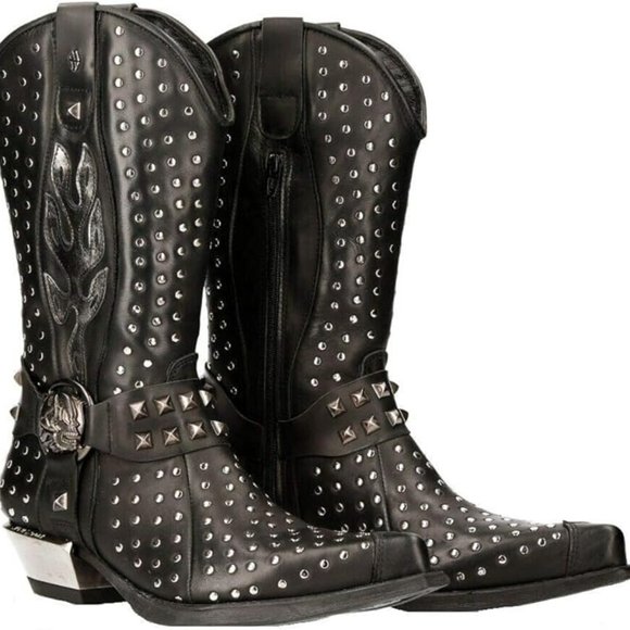 NEW ROCK M-7928-S1 Men's WESTERN COWBOY BOOTS Black Leather Heavy Biker SILVER S - Picture 1 of 4